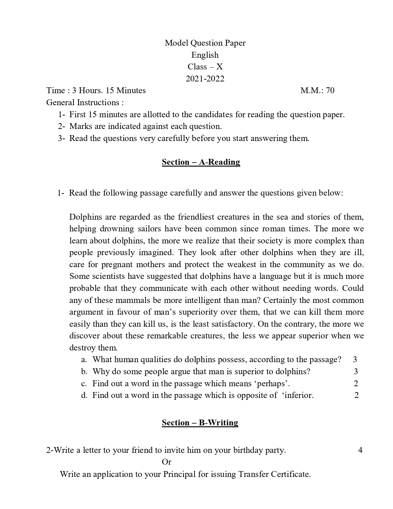 class 10 model paper 2023 up board english medium